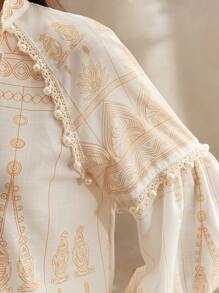 Anewsta French Vintage Royal Style Printed Stand Collar Long Sleeve Women Shirt - Yellow - View 4