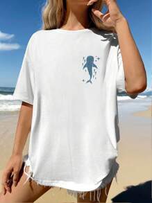 SHEIN EZwear Faithful And Free Oversized Loose Vacation Casual Ocean Whale Print T-Shirt, 50% Cotton Comfortable Fabric, Suitable For Summer Getaway - White - View 4