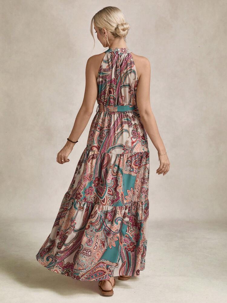 Paisley Print Belted Halter Dress