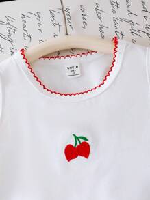 SHEIN 2 Pieces Young Girls Cute Round Neck Cherry Embroidered Sleeveless Top And Frilled Embroidered Denim Mini Skirt Set, Sweet & Playful Summer Outfit
