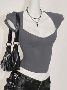 SHEIN ICON 性感露背圆领休闲功能性（吸湿排汗）黑色 T 恤