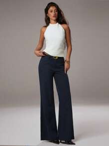 Women Graduation Navy Blue Drop Waist Pants Western Wear Office - Blue - View 3