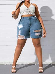 SHEIN CURVE+ Plus Size Distressed Denim Shorts, Simple & Fashionable, Suitable For Summer Ripped Shorts - Blue - View 5