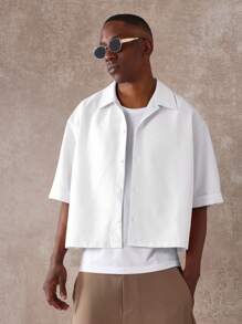 SUMWON 纹理泡泡纱纽扣短袖短款衬衫宽松版型现代夏季休闲宽松廓形度假装 - 白色 - 查看 7