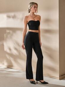 EURMUSE Striped Print Tube Top & Trousers - Black - View 4
