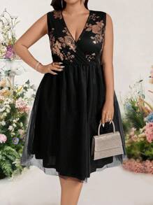 Bellastra Plus Size Women Sequin V-Neck Puff Mesh Panel Dress - Multicolor - View 3