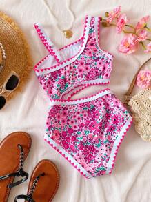 SHEIN Girls' One-Piece Swimsuit With Tiny Ditsy Floral And Ruffle Trim Summer Holiday