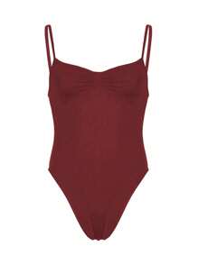 INAWLY 女式纯色褶饰细肩带吊带背心 - 紅色 - 查看 3