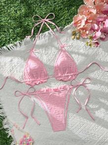 Swim Mod Women's Summer Beach Jacquard Fabric Sweet Cute Halter Tie Pink Bikini Swimsuit Set