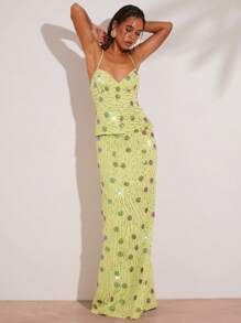 SHEIN BAE Lime Green Beaded Floral Long Skirt & Backless Tie-Up Beach Vest,Summer Seductive Night Out Bohemian Solid Color Set For Bridal Party,Tea Party Woman - Green - View 4