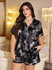 SHEIN Conjunto de pijama de camisa y pantalones cortos con estampado de cebra de talla grande - Azul - Ver 1