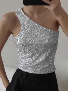 Strévra 女士不对称领亮片上衣，适合派对、聚会、外出、新年闪亮嘉年华等场合 - 銀色 - 查看 1