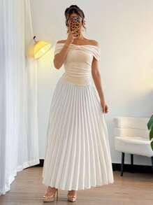SHEIN Unity Delicate & Elegant Bowknot Off-Shoulder Pleated Maxi Dress - Apricot - View 1