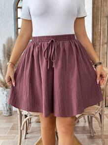 SHEIN LUNE 大码女式纯色休闲宽松短裤 - 棕色 - 查看 5