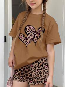 SHEIN Leap Crew Bộ 2 món áo ngắn tay tối giản thường ngày và quần short cho bé gái tuổi teen, phù hợp cho mùa hè - Nhiều màu - Xem 4