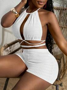 Slaydiva Conjunto de 2 piezas de mujer talla grande: Bikini con cruce y amarre, y top corto mini - Blanco - Ver 5