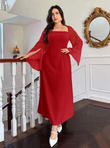 Firerie Vestido largo de línea A para mujer talla grande, elegante de satén rojo y rosa con volantes, cuello cuadrado, patchwork de gasa, para invitada de boda, ferias renacentistas y graduaciones de otoño - Rojo - Ver 4