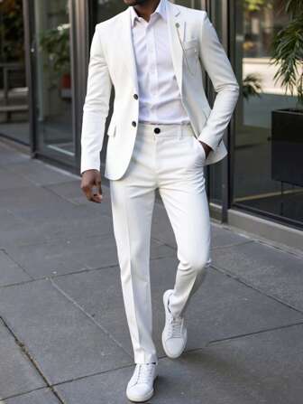 Manfinity Mode 加大码男士纯色混色翻领长袖夹克和裤子西装男士婚礼西装男士正式服装男士白色西装男士婚礼西装非常适合情侣穿着，也是送给男朋友或丈夫的绝佳礼物。白色男士西装