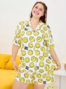 SmileyWorld® | SHEIN Plus Size Smiling Face Pattern Front Button Short Sleeve Top And Shorts Pajama Set Women Pajama Pants Night Pajama Shirt Pajama Shirts Summer / Summer Outfits For Women/ Summer Clothes Butter Yellow Comfortable Pajama Set - White - View 2
