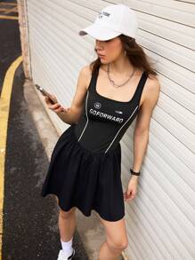 SHEIN Sports 女式字母印花方领无袖运动连体衣 - 黑色 - 查看 2
