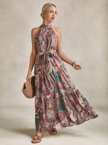 SHEIN LUNE 佩斯利印花腰帶掛脖連衣裙