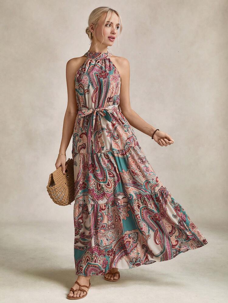 Paisley Print Belted Halter Dress