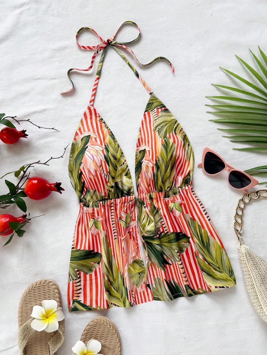 Soleia 女式 V 领系带露背罗纹面料白色背心，休闲露背装，适合度假、约会之夜、下午茶、情人节 - 彩色 - 查看 1