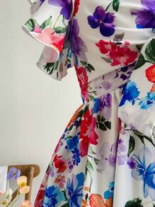 Soleia Áo sơ mi nữ tay ngắn in họa tiết hoa nhiều màu cỡ lớn có cổ nơ Bohemian Boho lãng mạn hoa kỳ nghỉ hoa - Nhiều màu - Xem 3