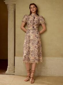 MOTF PREMIUM VESTIDO CON ESTAMPADO COMPLETO Y CINTURÓN - Café - Ver 6