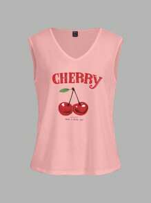 SHEIN LUNE Áo không tay cổ chữ V CHERRY họa tiết trái cây, kiểu dáng thường ngày phù hợp cho mùa hè. - Màu Hồng baby - Xem 4
