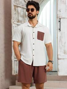 Manfinity Homme Men's Pocket Button Short Sleeve Shirt & Shorts 2 Pieces Set - Multicolor - View 3