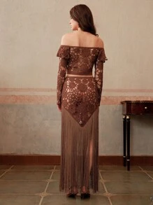 Anewsta Women's Elegant Resort Beach-Wear 3D Floral Decor Crochet Hollow Fringe Trim Off Shoulder Top & Mini Skirt Set, Spring/Summer Festival & Graduation - Brown - View 2