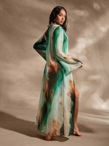 Hauture Sexy Abstract Print Foil Mesh Ruffle Swimsuit Cover Up - Multicolor - View 3