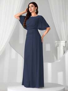 Coutiva High-End Ladies Luxury Faux Pearl Collar Evening Gown, Formal Party Dress With Elegant Charm, For Wedding Guest - Navy Blue - View 3