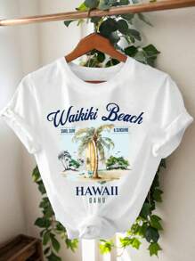 Calvaya Summer Women's Round-Neck T-Shirt With Palm Tree Print And English Letter Print