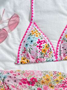 SHEIN Teen Girls Tropical Flower Print Halter Neck Bikini Swimsuit Set With Beach Skirt - Multicolor - View 3