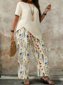 EMERY ROSE 2 件套女士加大码纯色不对称下摆上衣和花卉印花宽松裤撞色套装 - 彩色 - 查看 4