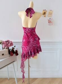 SHEIN Unity 女士不对称荷叶边连衣裙，适合度假 - 玫紅色 - 查看 2