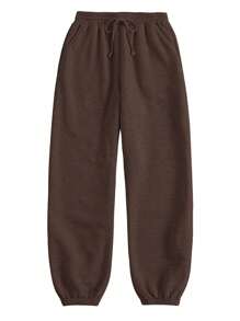 SHEIN BASICS Women's Loose Fit Solid Color Knitted Casual Jogger Pants With Pockets - Brown - View 3