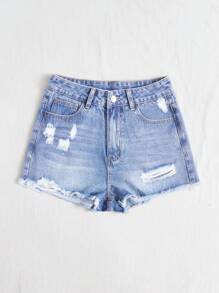 SHEIN EZwear 女式破洞磨边口袋休闲百搭牛仔短裤 - 淺色水洗藍 - 查看 4