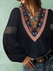 Bohemela Vacation Casual Embroidered V-Neck Women's Shirt