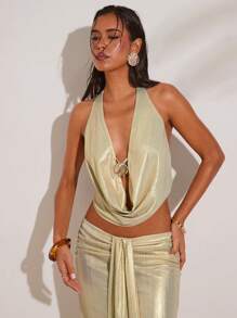 SHEIN BAE Top halter con cuello de concha, decoración de metal, sexy, apropiado para vacaciones, primavera y verano, elegante, sexy, vacaciones en la playa, vacaciones en la isla, luna de miel - Dorado - Ver 6