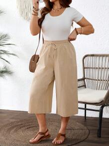 SHEIN VCAY Pantalones capri casuales de algodón lavado con cordón en la cintura para mujer de talla grande, adecuados para fiesta en la piscina de verano, estilo boho chic, para brunch, aeropuerto, vacaciones en la playa, vacaciones en la ciudad, vacaciones de verano en Europa, luna de miel, estilo occidental para mujer de talla grande - Albaricoque - Ver 5