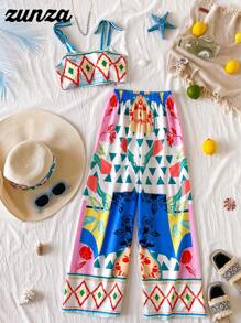 2 件女童几何图案吊带背心和松紧腰阔腿裤套装，彩色花卉图案休闲度假装，适合青少年，夏季
