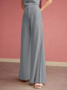MOTF PREMIUM BUTTON DETAIL WIDE LEG PANTS - Blue - View 3