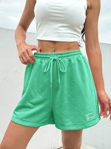 SHEIN EZwear EZwear Pantaloni scurți sport de vară lejeri, casual, roz, cu talie elastică, cu detaliu petic, pentru femei