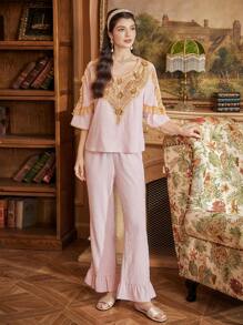 PalaceNights Vintage Royal Elegant Gold Lace Patchwork Women Sleepwear Pajama Set Holiday Season - Pink - View 3