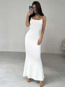 Firerie Vestido largo ajustado de novia, con tirantes de espagueti y espalda descubierta, decorado con perlas blancas, para vacaciones de verano, fiestas, bodas y eventos elegantes - Blanco - Ver 7