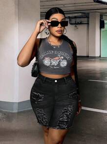 SHEIN SXY 大码女式做旧口袋磨边休闲牛仔短裤