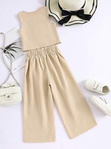 Elladie kids 女童无袖 V 领单排扣背心上衣和阔腿裤两件套服装，日常穿着，夏季 - 卡其色 - 查看 2